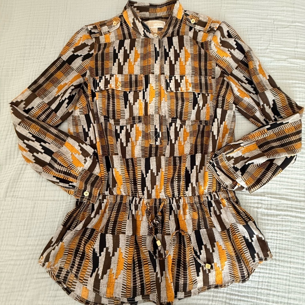 Michael Kors SatinGeometric Peplum Blouse - Brown & Mustard